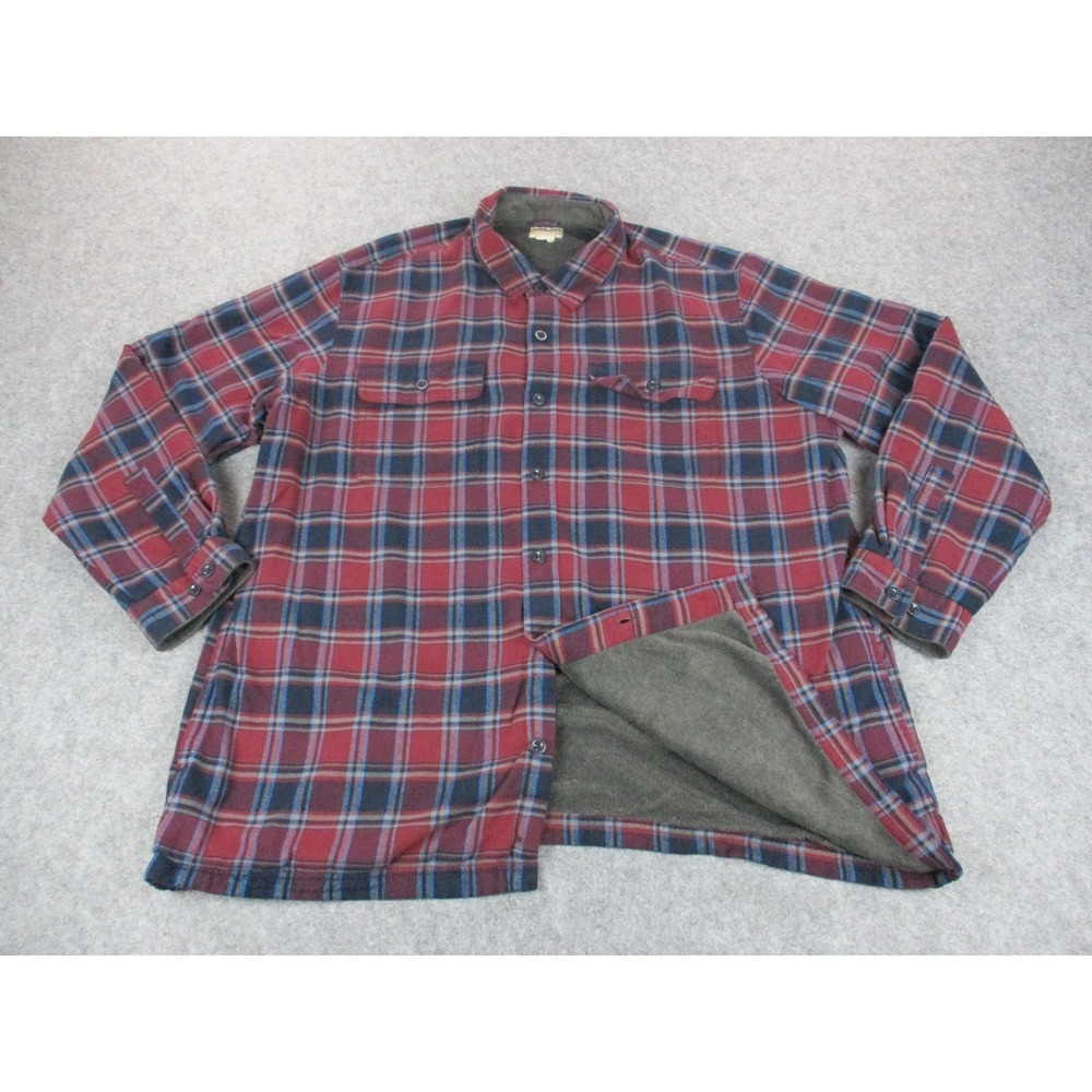 LL Bean Shirtβ Mens 3XL XXXL Red Plaid Flannel Faux Fur Lined Button Up Hiking